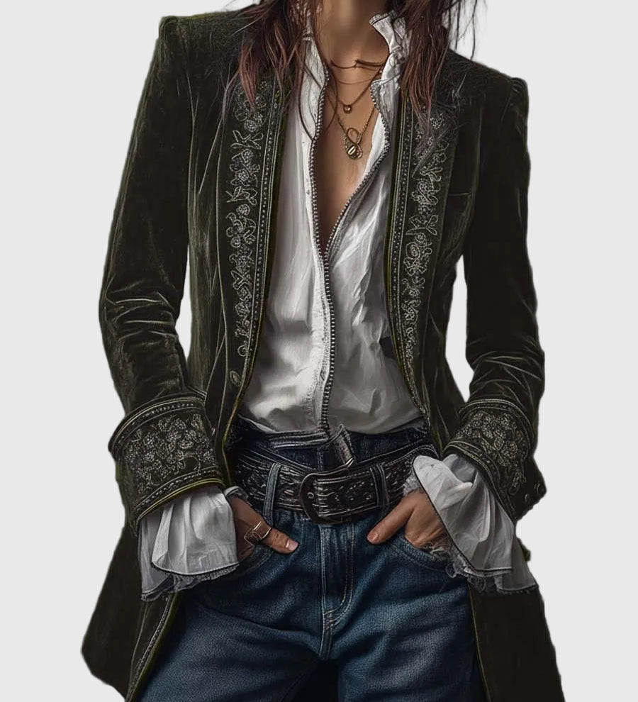 Federica - Dlhý vintage zamatový kabát s výšivkou