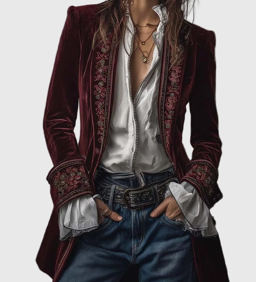 Federica - Dlhý vintage zamatový kabát s výšivkou