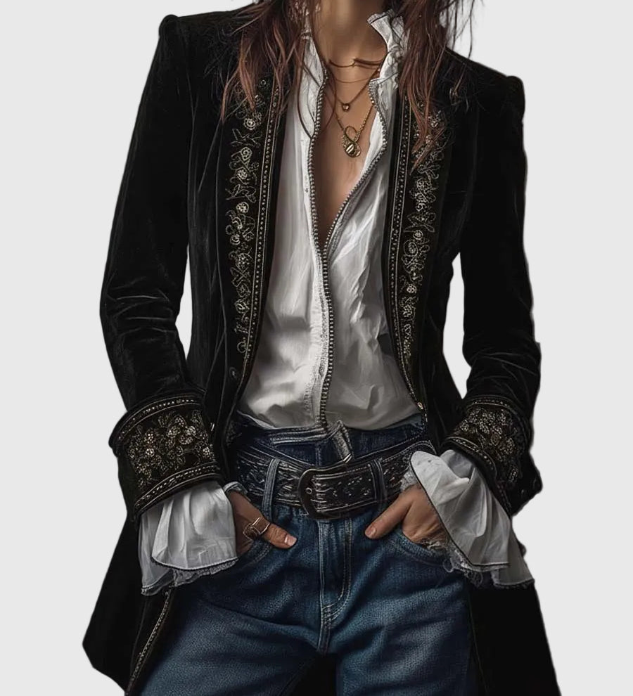 Federica - Dlhý vintage zamatový kabát s výšivkou