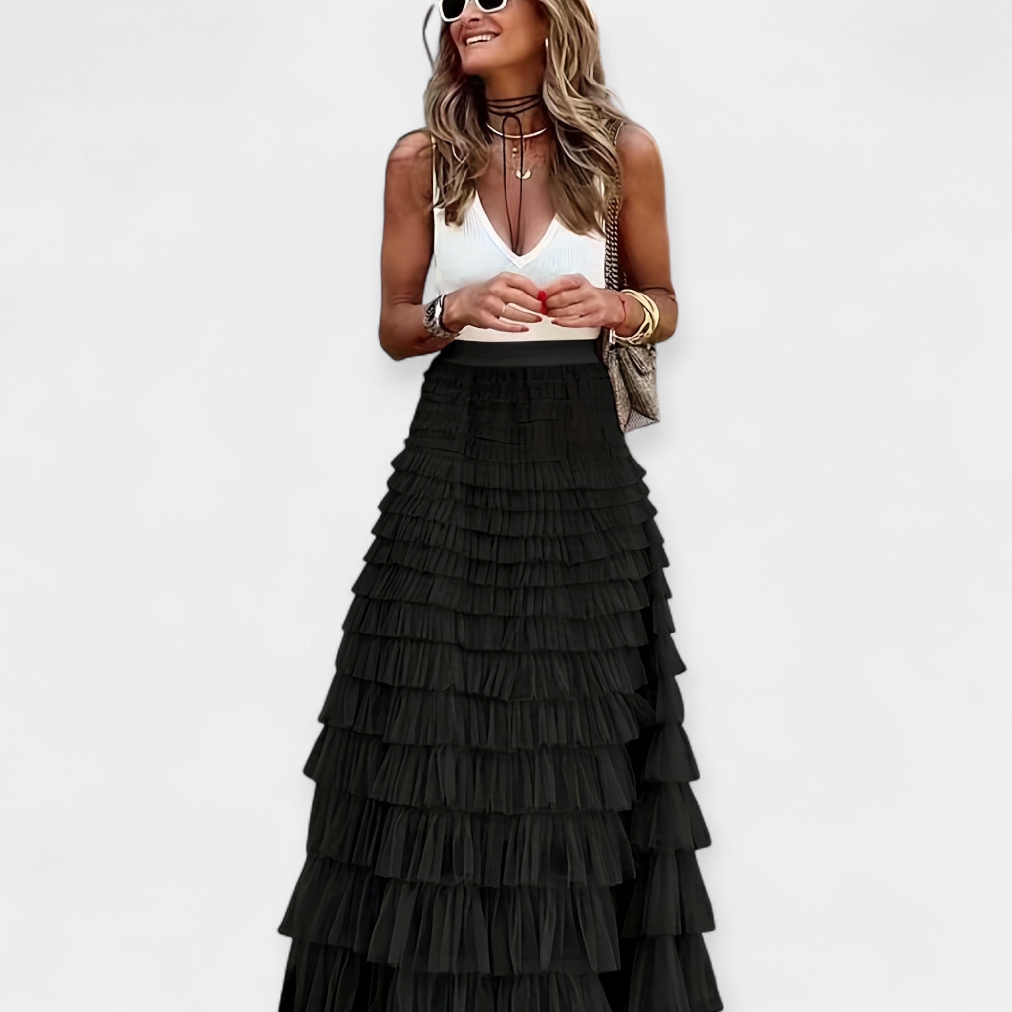 Boho sukňa s sieťovým saténovým okrajom