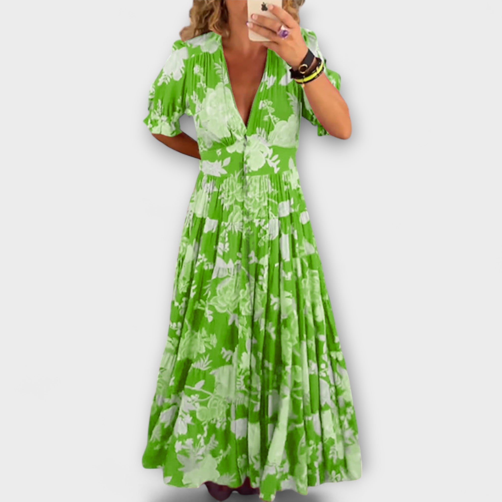 Catrisa - Šaty s kvetinovým potlačou a V-krkom s vreckami