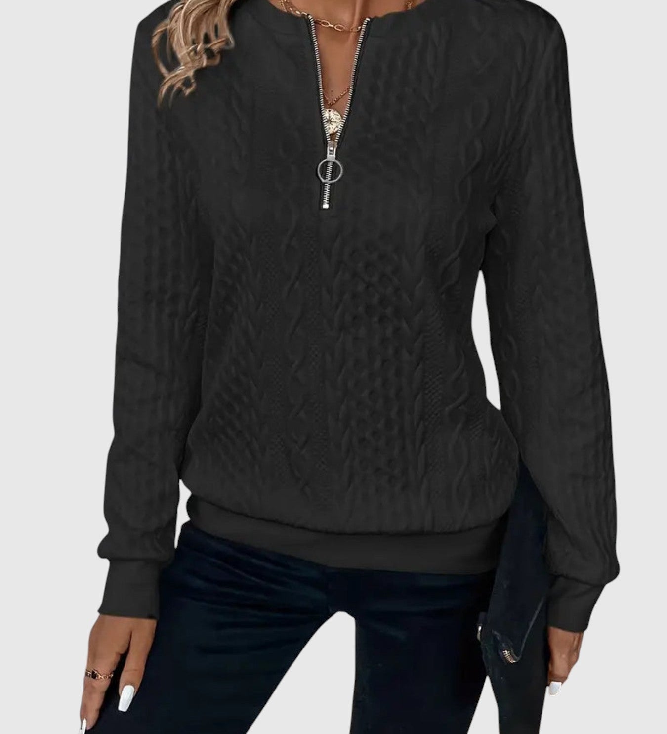 Amalie - Pletený pulóver s pleteným dizajnom na zips