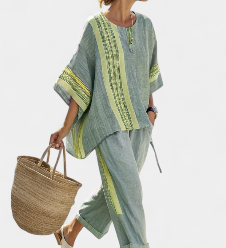 Komplet z ľanového bambusu s očarujúcou levanduľou a detailmi v žltej pruhovanej farbe