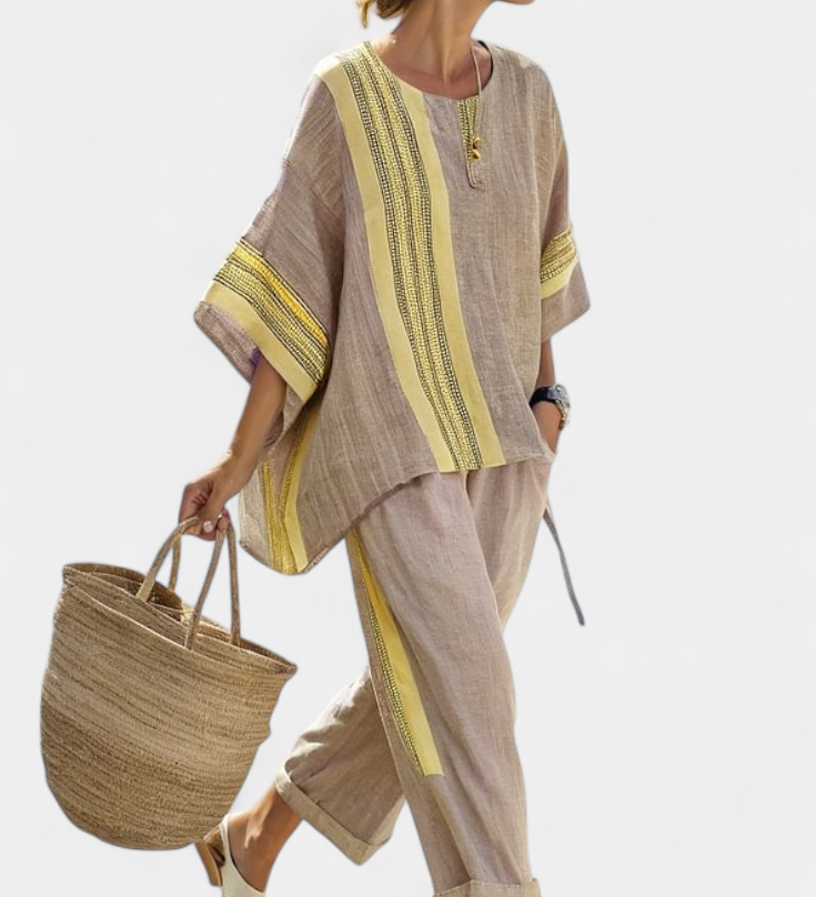 Komplet z ľanového bambusu s očarujúcou levanduľou a detailmi v žltej pruhovanej farbe