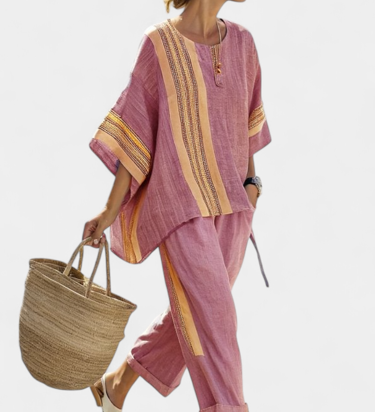 Komplet z ľanového bambusu s očarujúcou levanduľou a detailmi v žltej pruhovanej farbe