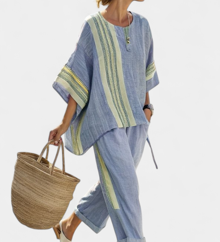 Komplet z ľanového bambusu s očarujúcou levanduľou a detailmi v žltej pruhovanej farbe