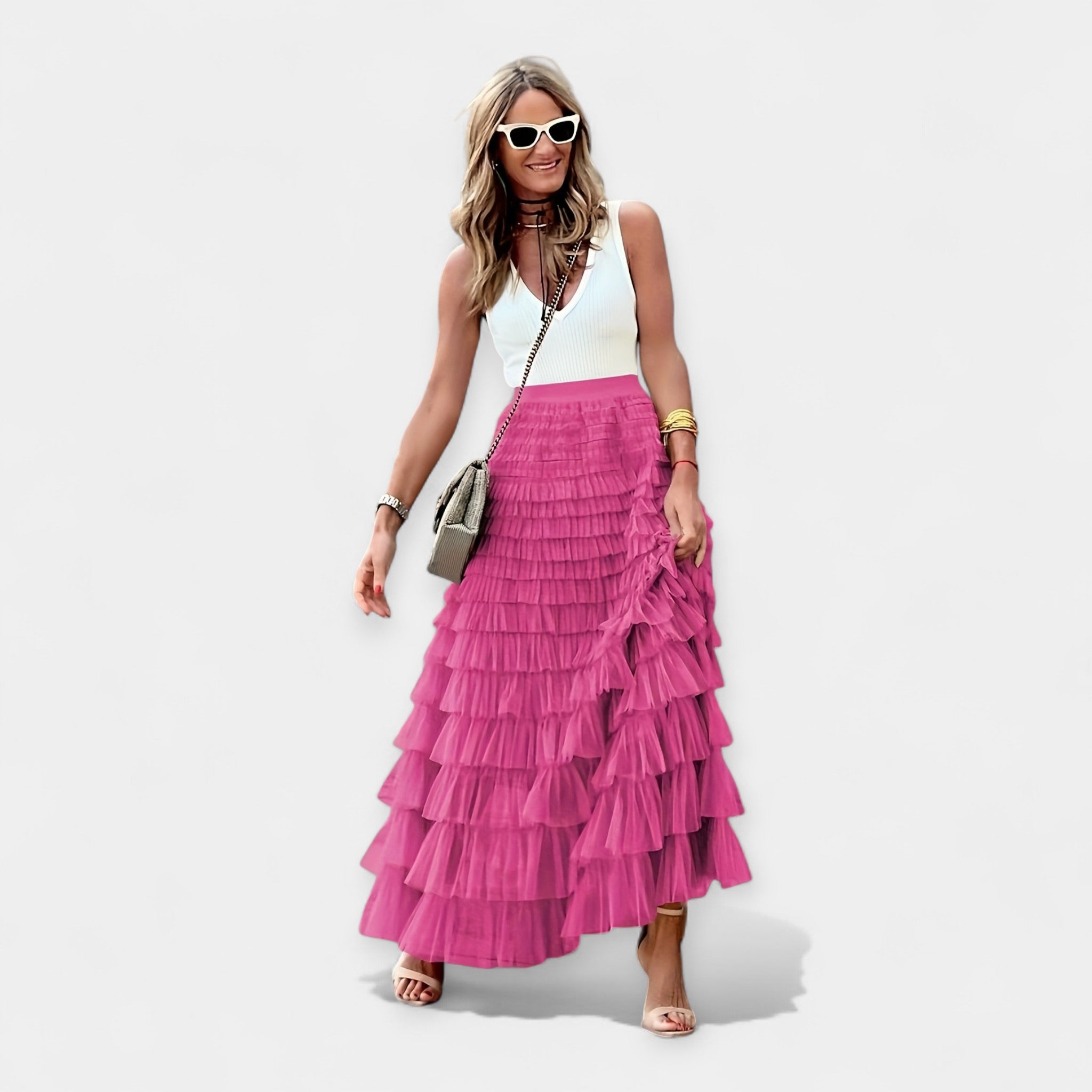 Boho sukňa s sieťovým saténovým okrajom