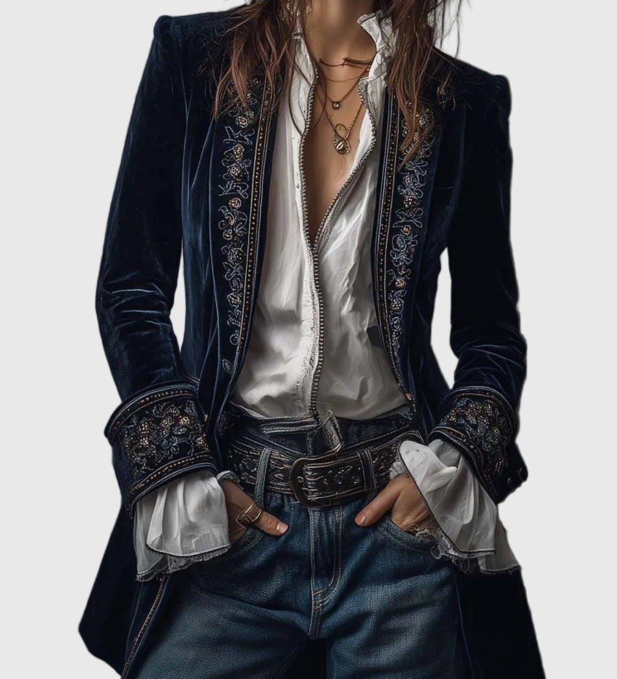 Federica - Dlhý vintage zamatový kabát s výšivkou