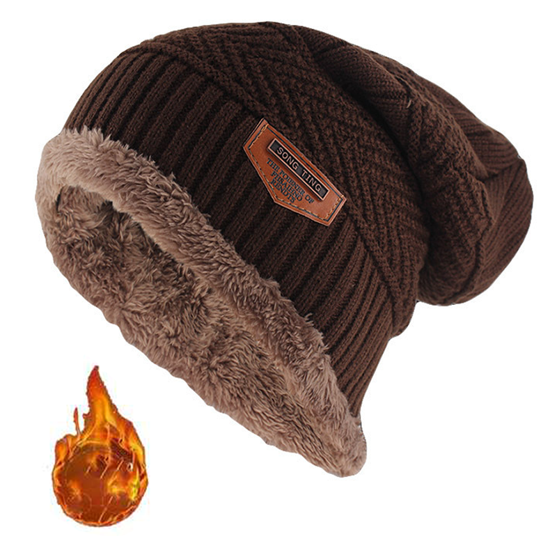 Pletená kožená čiapka pre mužov, zima, s etiketou, slouchy štýl, podšitá hrubou fleecovou podšívkou