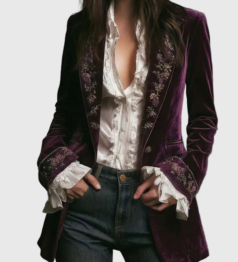 Federica - Dlhý vintage zamatový kabát s výšivkou