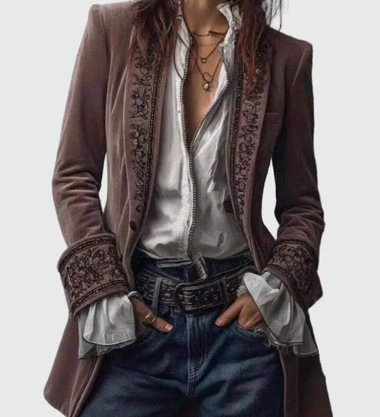 Federica - Dlhý vintage zamatový kabát s výšivkou