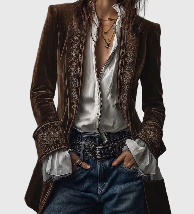 Federica - Dlhý vintage zamatový kabát s výšivkou