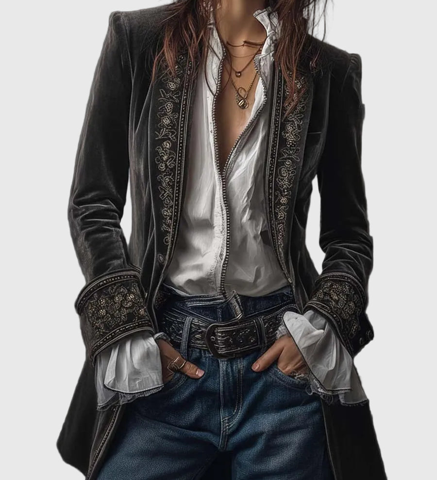 Federica - Dlhý vintage zamatový kabát s výšivkou