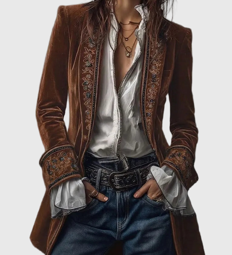 Federica - Dlhý vintage zamatový kabát s výšivkou